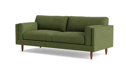 The Skinny Fat 85" Sofa Standard Depth is a modern piece in green, featuring clean lines and plush cushions, with square armrests supported by four wooden legs.