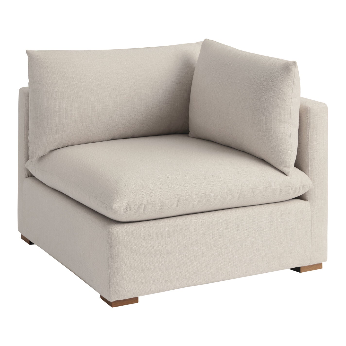 Introducing the Weston Sand Pillow Top 4-Piece L Modular Sectional Sofa, a modern piece with a beige corner chair featuring plush cushions set on a wooden frame. Both the seat and backrest are cushioned to offer comfort and style, perfectly suited for any living room or lounge area.