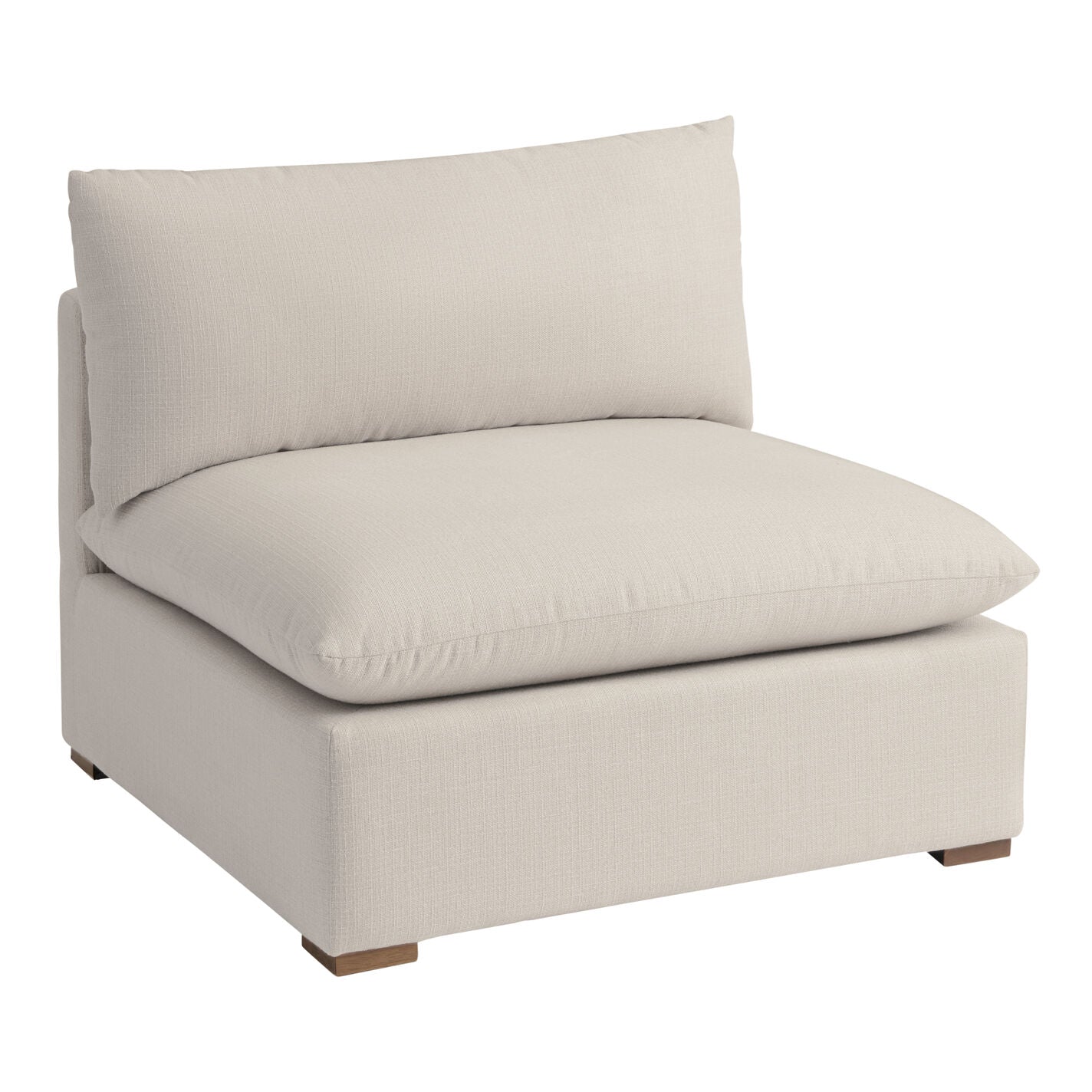 A contemporary, beige armless section of the Weston Sand Pillow Top 4-Piece L Modular Sectional Sofa features plush cushioning. It boasts a minimalist design with a square seat and backrest, supported by compact wooden block legs.