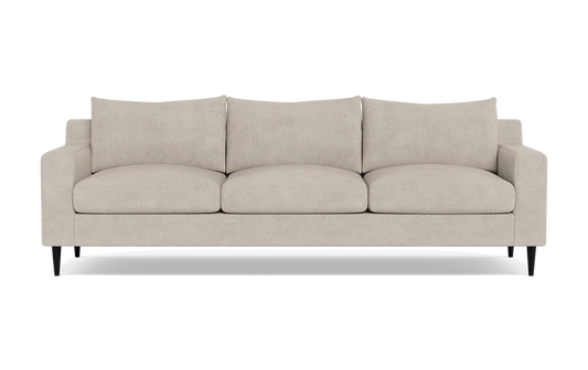 The Sloan Custom 3-Seat 95" Sofa, featuring plush cushions and sleek black legs, is displayed against a plain background. Its simple and modern design offers a contemporary look.