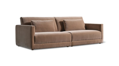 Introducing the Wind Down 4-Piece Modular Sectional: a contemporary beige sofa with a sleek, minimalist aesthetic. It boasts soft, cushioned seats and two large back cushions, all set against a simple white backdrop.