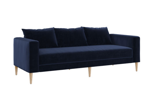 The Essential Sofa is a sleek, modern piece upholstered in dark blue velvet, supported by four light wooden legs. It includes three matching cushions and features straight armrests and a minimalist design, offering an elegant and contemporary appearance perfect for any living room or lounge area.