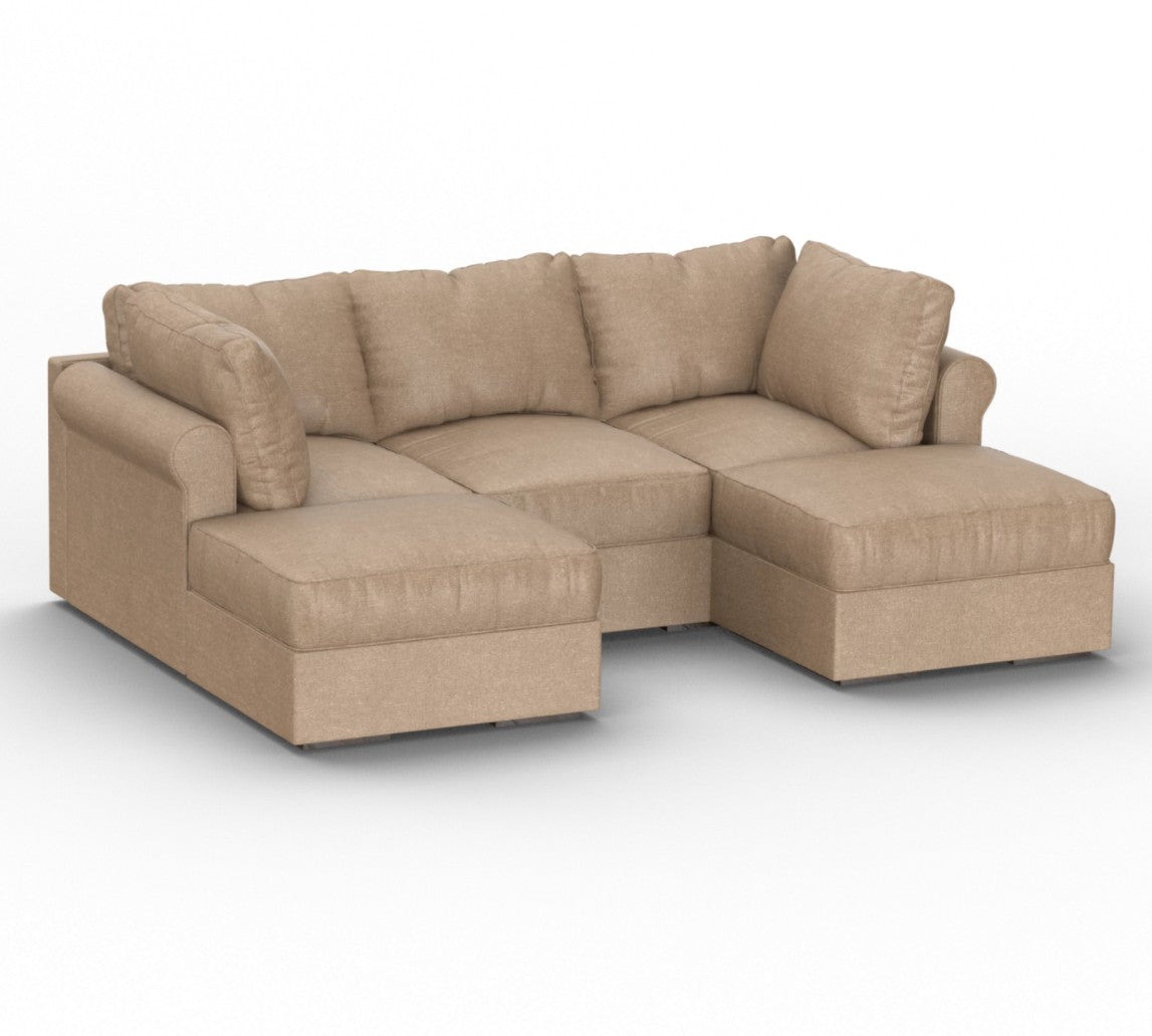 Introducing the Sactionals - 5 Seats + 5 Sides in Taupe Combed Chenille, an L-shaped sectional that boasts plush cushions and armrests. The soft and comfortable fabric makes it ideal for any living room setting. This sectional features a chaise, providing generous seating space.