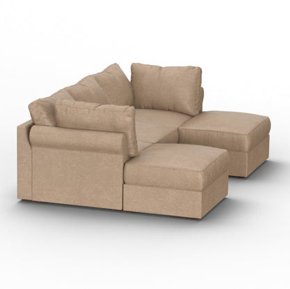 A taupe sectional sofa, made from combed chenille, featuring multiple cushions arranged in an L-shape. It boasts a soft, plush appearance with ample seating space and comfort. Set against a plain white background, the design of the Sactionals - 5 Seats + 5 Sides stands out prominently.