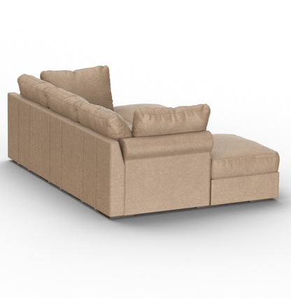 Experience the Sactionals - 5 Seats + 5 Sides in Taupe Combed Chenille, a contemporary sectional sofa with large cushions and a right-side chaise lounge. Set against a plain white background, its minimalist design showcases modern elegance.