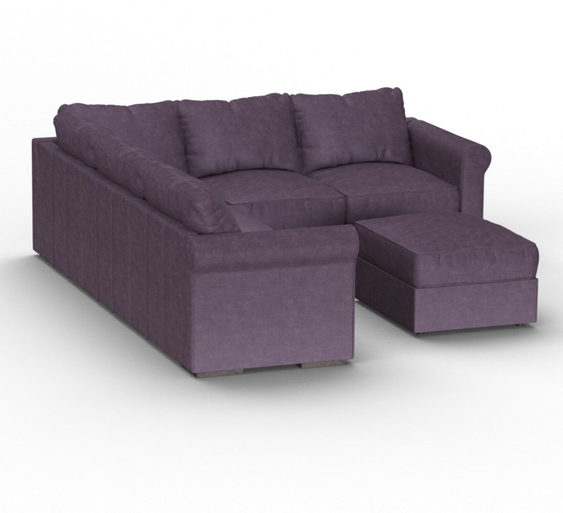 A substantial Sactionals sofa in Amethyst Corded Velvet, featuring six seats and eight sides with plush cushions and an attached ottoman, is displayed against a plain white background.