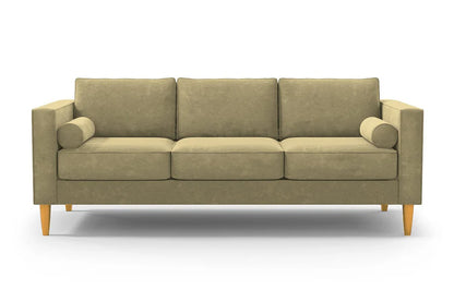 Introducing the Samson Sofa, a modern piece with a minimalist design adorned in light olive green upholstery. It includes three seat cushions, three back cushions, and two cylindrical bolster pillows. The sofa stands on wooden legs and is elegantly displayed against a plain white background.