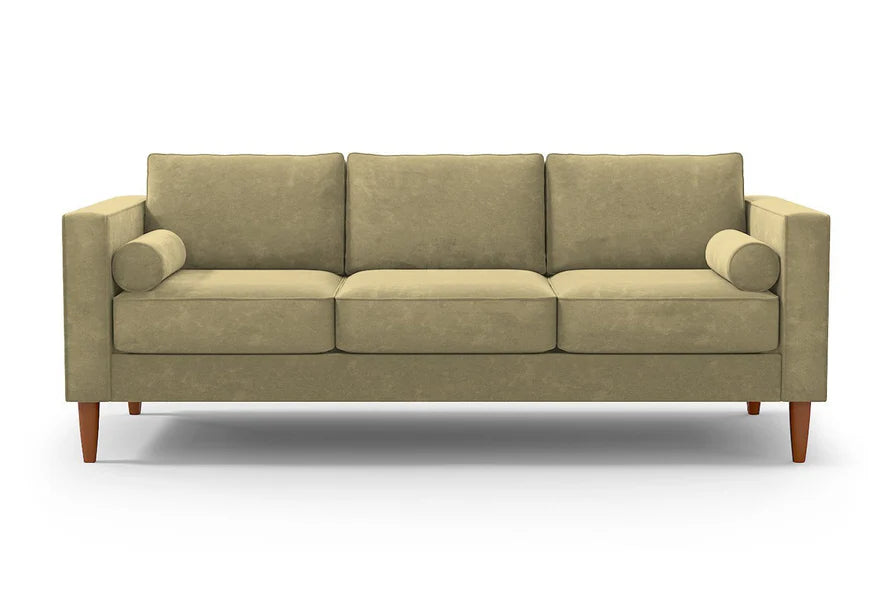 Introducing the Samson Sofa: a stylish three-seater in olive green, featuring straight armrests and chic wooden legs. It comes with three spacious seat cushions, three plush back cushions, and two cylindrical bolster pillows on each side. The sofa is elegantly displayed against a plain white backdrop.