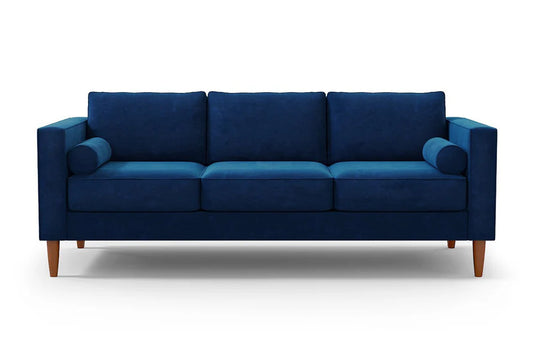 Product Description: The Samson Sofa is a contemporary, deep blue three-seater with square arms and wooden legs. It boasts three back cushions and includes two cylindrical bolster pillows, all showcased against a plain white background.