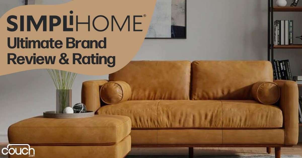 A cozy living room features a brown leather sofa with a matching ottoman. The wall to the left displays the text "SimpliHome Ultimate Brand Review & Rating." A small round table with a plant and books is beside the sofa, and a bookshelf is partially visible on the right.