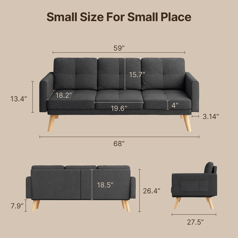 A diagram of the Sofa Couch Small Loveseat with 3 Comfy Pillows for Bedroom, depicted as a dark gray three-seater with dimensions labeled. The loveseat measures 59 inches in width and includes wooden legs. The seat height from the floor is 7.9 inches, and the overall height reaches 26.4 inches.