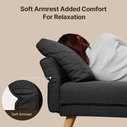 A person resting their head on the armrest of a dark gray Sofa Couch Small Loveseat with 3 Comfy Pillows for Bedroom, emphasizing its plush cushioning. Text reads: "Soft Armrest Added Comfort For Relaxation." An inset detail showcases the luxurious softness of the armrest.