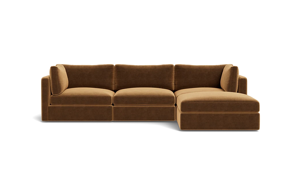 The Tatum Modular 3 Seat Chaise 106" Sectional features a rich brown hue with plush cushions and a right-side chaise lounge, all showcased against a plain black background.