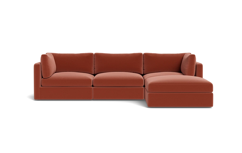 The Tatum Modular 3 Seat Chaise 106" Sectional, featuring deep brown cushions and a chaise lounge attachment on the right, set against a black background.