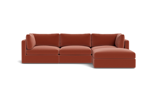 The Tatum Modular 3 Seat Chaise 106" Sectional, featuring deep brown cushions and a chaise lounge attachment on the right, set against a black background.