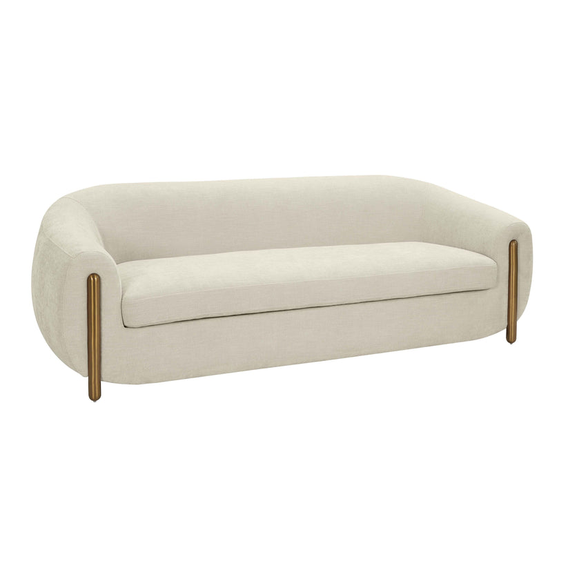 Introducing the Lina Sofa by Inspire Me! Home Decor: a modern beige piece with a rounded back and arms, highlighted by sleek gold accents on the armrests. Its minimalist and contemporary design makes it an ideal addition to a stylish living room.