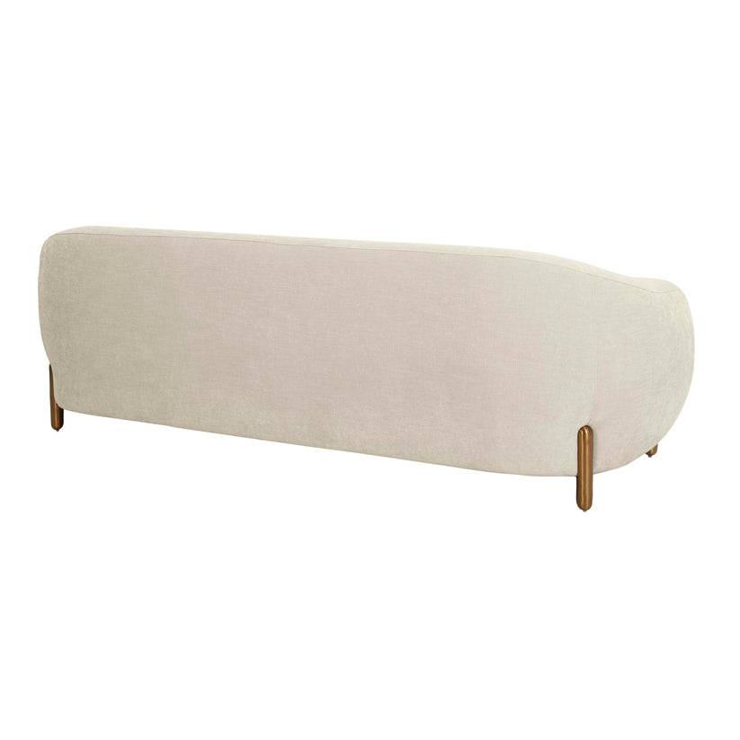 The Lina Sofa by Inspire Me! Home Decor showcases a modern beige design with a smooth, rounded back. It stands on four slender wooden legs, with light-colored upholstery that complements its minimalist and contemporary style.