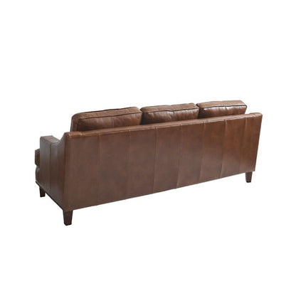 A Collins Sofa made of brown leather, featuring three back cushions and wooden legs, seen from the back against a plain white background.