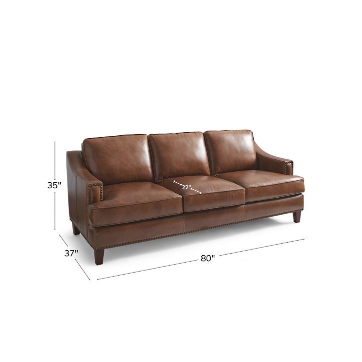 Introducing the Collins Sofa, an elegant brown leather piece featuring three cushions and armrests with studded detailing. Its dimensions include a height of 35 inches, depth of 37 inches, width of 80 inches, and a seat depth of 22 inches.