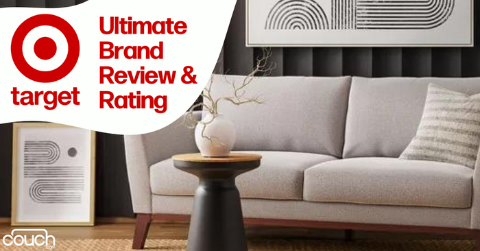 A modern living room with a light gray couch, a small dark wood coffee table with a decorative vase, and abstract wall art. Text overlay reads, "Ultimate Brand Review & Rating" with the Target logo. The word "couch" appears at the bottom left corner.