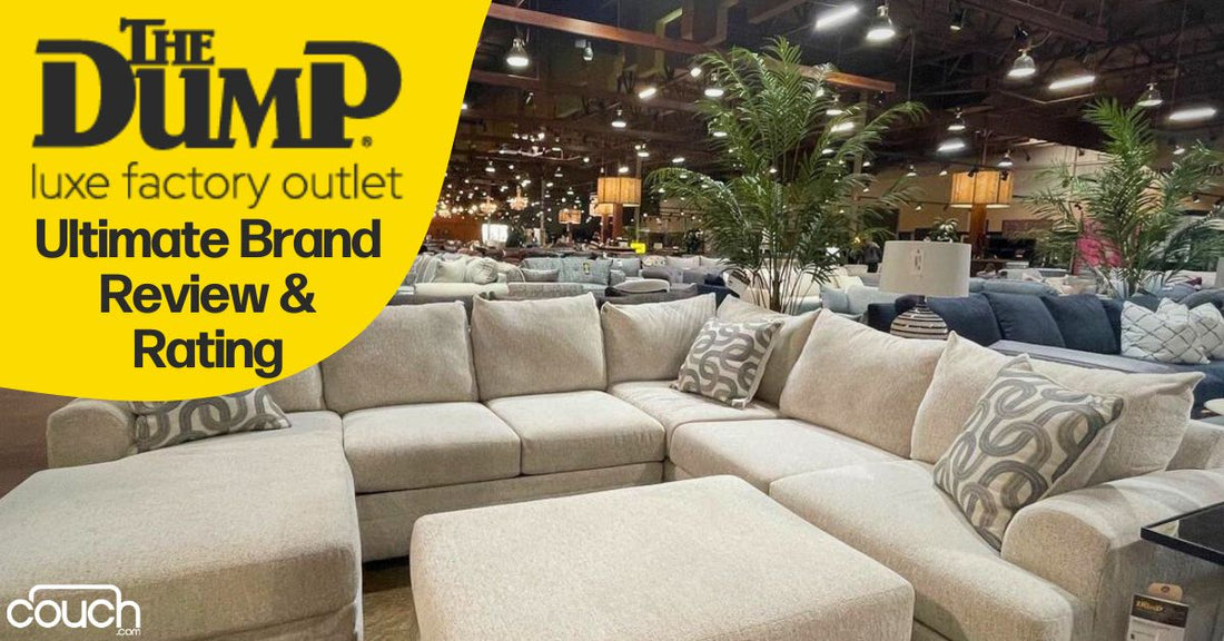 A showroom filled with a variety of couches and home furniture. The foreground features a large beige sectional sofa with patterned throw pillows and an ottoman. Text on the left reads "The Dump luxe factory outlet Ultimate Brand Review & Rating" over a yellow background.