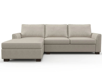 Introducing the Tiffany Chaise 96" Sofa: a modern beige sectional with plush cushions, featuring a left-side chaise lounge and supported by dark wooden legs, showcased against a plain white background.