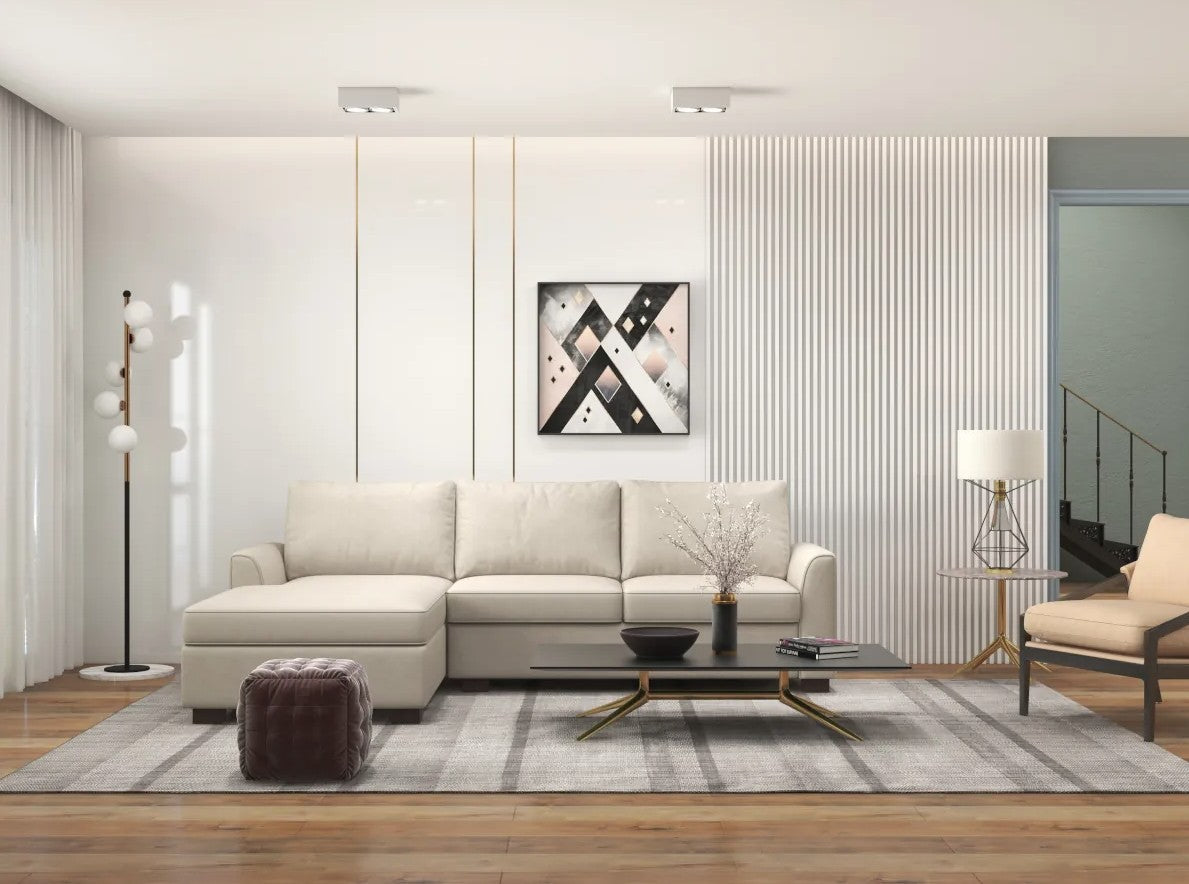 White sectional on a striped gray carpet in a white living room. 