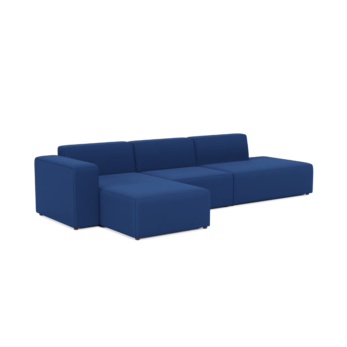 A contemporary Three-Seater Form Sectional in a rich deep blue fabric, showcasing sleek lines and low-profile cushions, set against a white background.