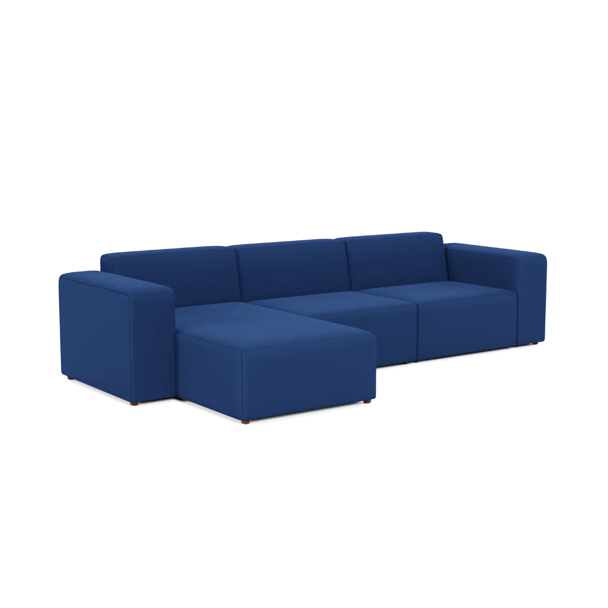 The Three-Seater Form Sectional is a contemporary, modular sofa featuring blue fabric upholstery. It boasts clean lines and a minimalist design, accommodating multiple people comfortably. The sectional includes an attached chaise on the left side.