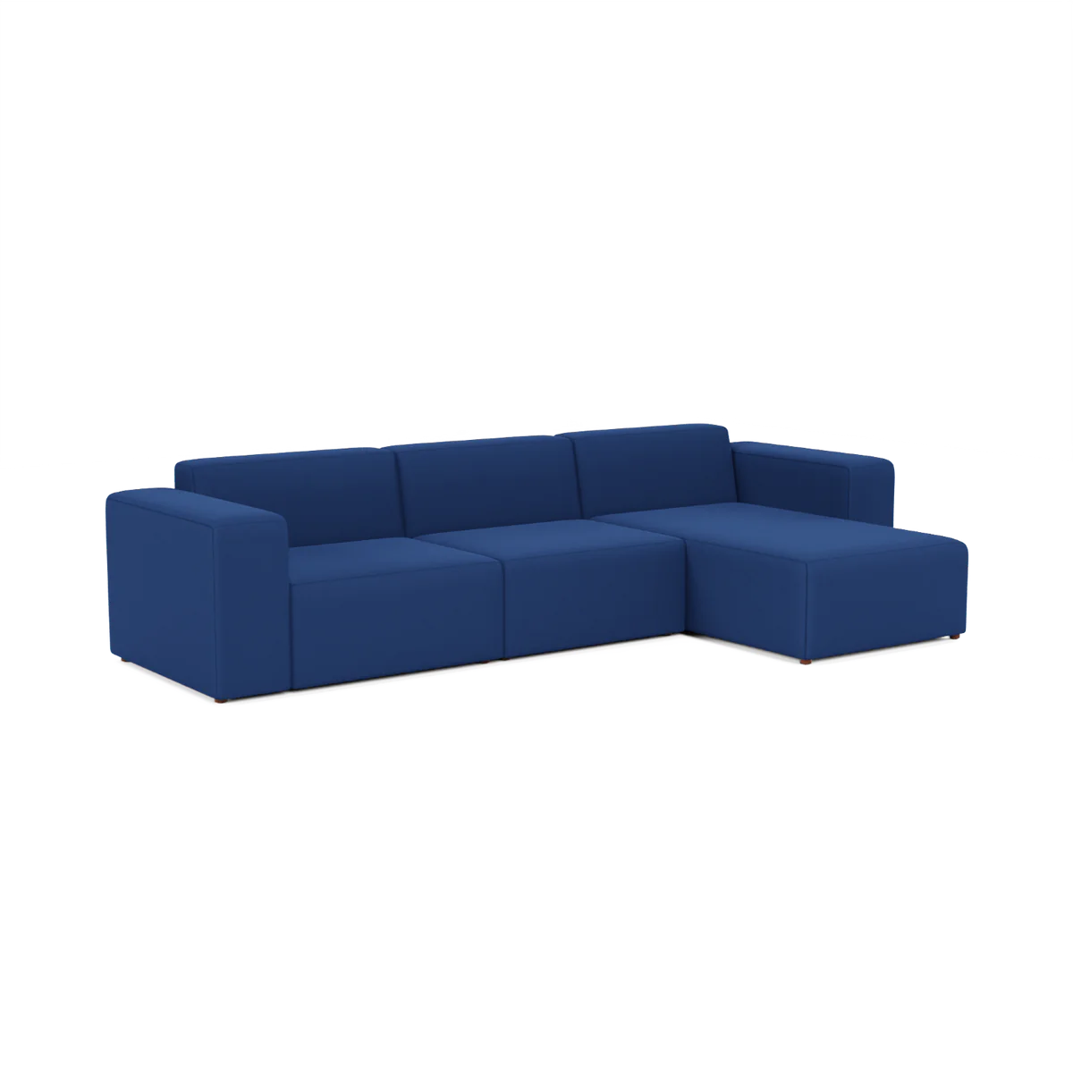 Introducing the Three-Seater Form Sectional, a contemporary blue sectional sofa featuring three seats and a right-side chaise lounge. It boasts a minimalist design with sleek square armrests, beautifully displayed against a white background.