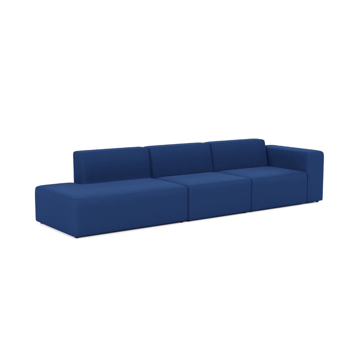 The Three-Seater Form Sectional is a contemporary blue modular sofa with a minimalist design, consisting of three parts and low armrests on each end, displayed against a white background.