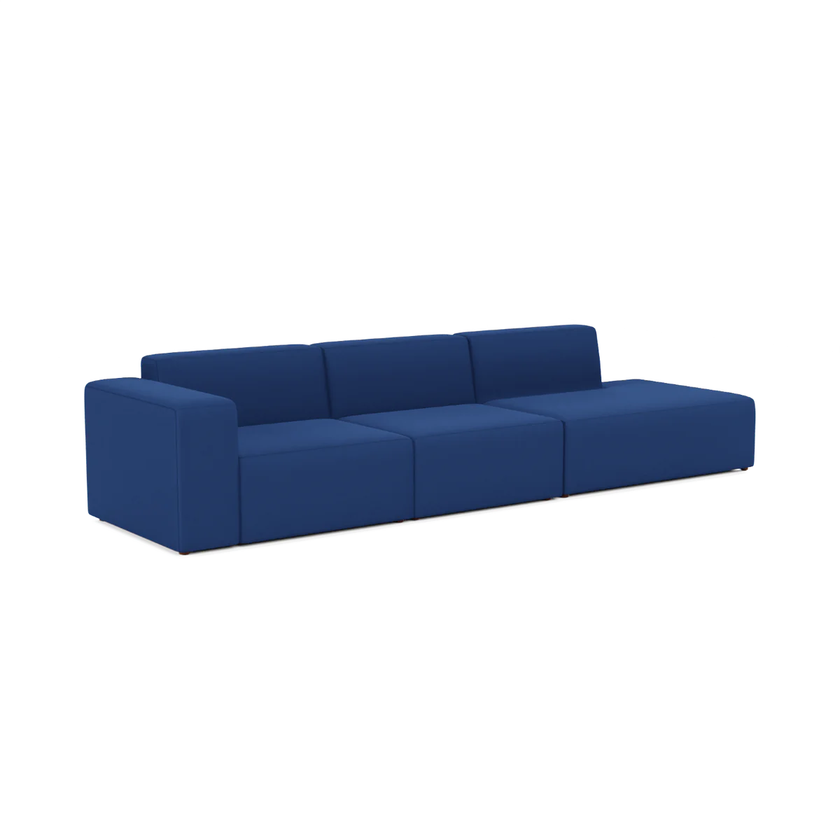 The Three-Seater Form Sectional is a modern sofa featuring sleek dark blue fabric upholstery. Its minimalist design boasts a block-style shape with clean lines and no visible legs, all set against a plain white backdrop.