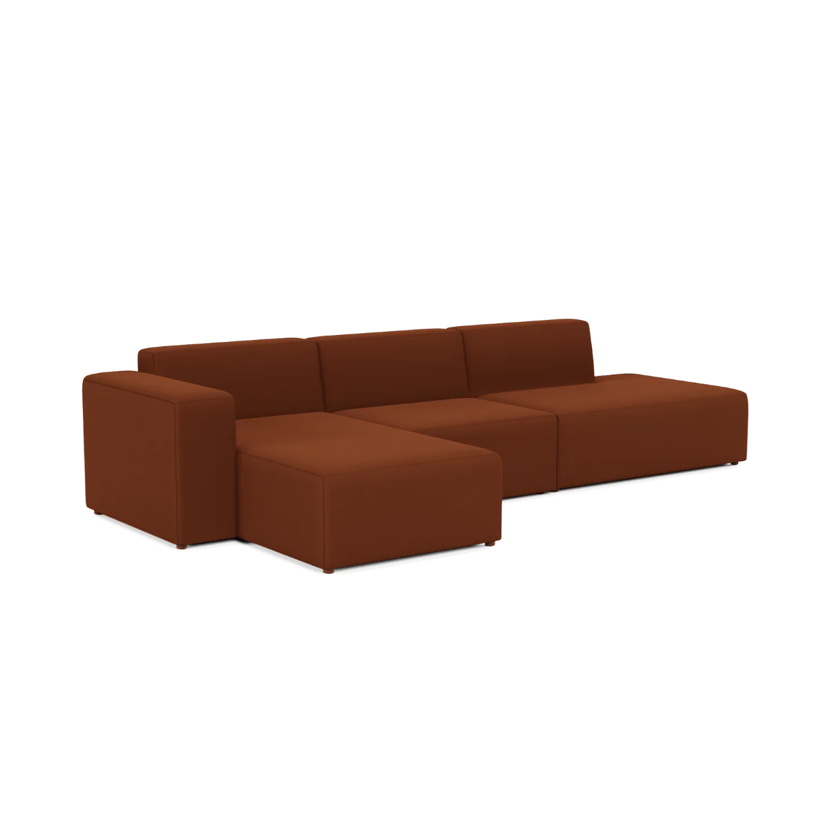 A modern Three-Seater Form Sectional in a rich, earthy brown, designed with a minimalist touch. This sofa highlights clean lines and blocky cushions, and includes an extended chaise lounge section on one side.