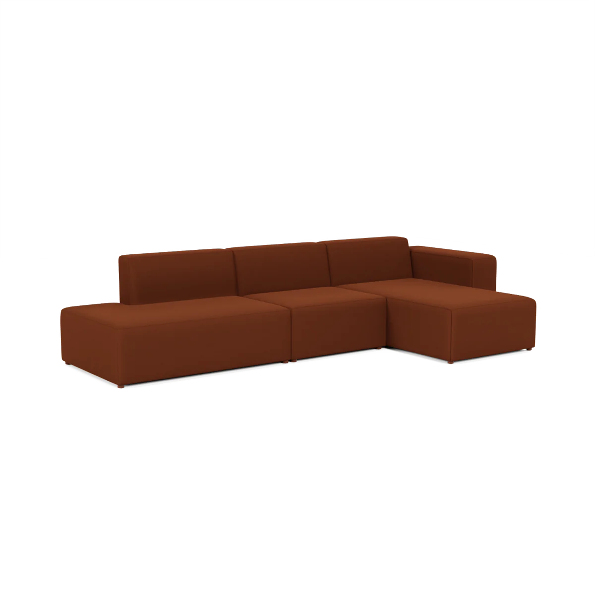 Introducing the Three-Seater Form Sectional, a modern L-shaped sofa in a rich brown hue. It showcases a minimalist design with flat cushions and low backrests, boasting clean lines and ample seating space perfect for contemporary living areas.