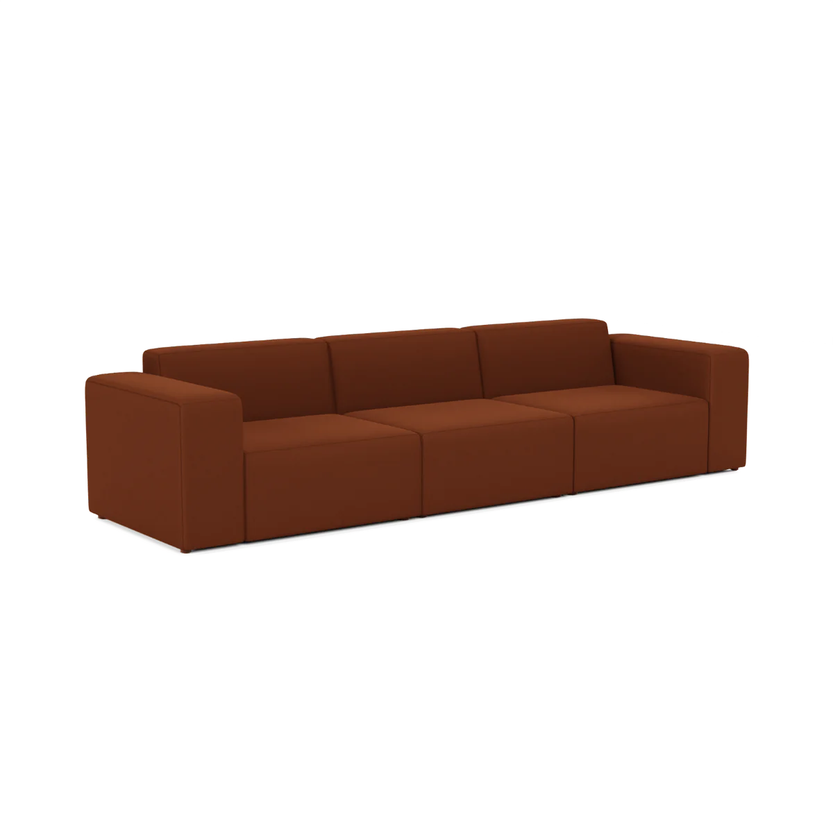 The Three-Seater Form Sectional is a modern sofa with a minimalist design, upholstered in rich brown fabric. It features wide armrests and a low back, providing a contemporary look.