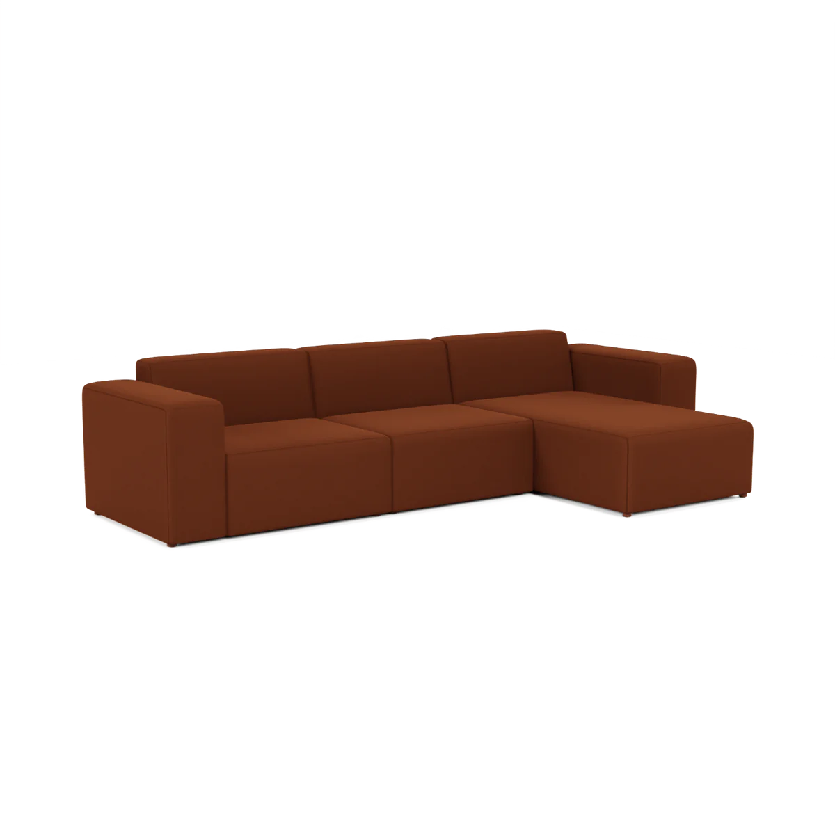 Introducing the Three-Seater Form Sectional: a contemporary, modular sofa in an elegant rich brown. It boasts a right-side chaise lounge, sleek lines, and low-profile armrests, perfect for modern living spaces.