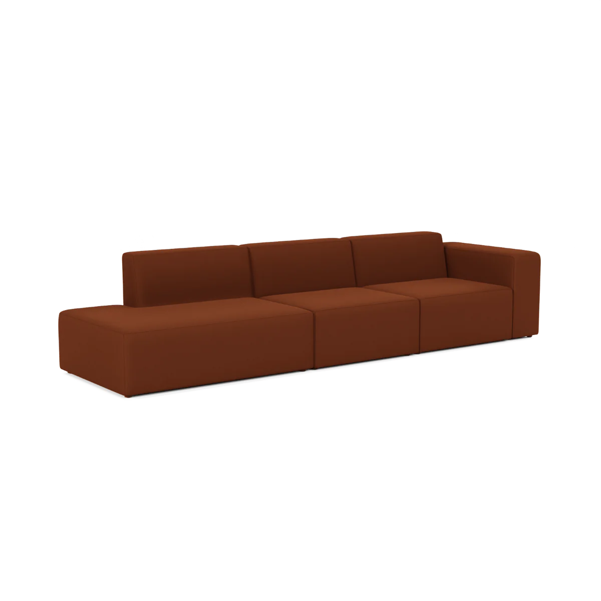 The Three-Seater Form Sectional is a modern, minimalist brown sofa featuring three spacious seats and straight back cushions, designed for comfort and style, set against a plain white background.