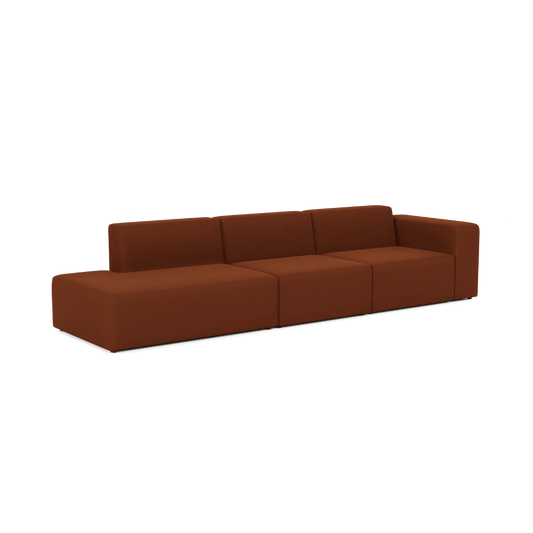 The Three-Seater Form Sectional is a modern, minimalist brown sofa featuring three spacious seats and straight back cushions, designed for comfort and style, set against a plain white background.