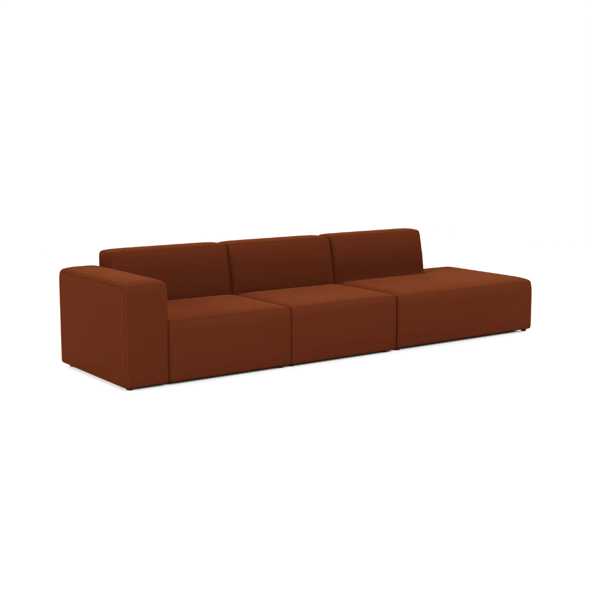 The Three-Seater Form Sectional is a modern, low-profile brown sofa featuring straight lines and three detached cushions. With its minimalist design and absence of visible legs, it exudes a sleek, contemporary aesthetic.