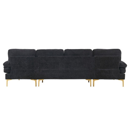 Back view of the "U Shaped 4 Seat Indoor Modular Sofa" in modern dark gray with gold metal legs, featuring plush cushions and a sleek design. The sofa embodies a contemporary style, emphasizing simplicity and elegance.