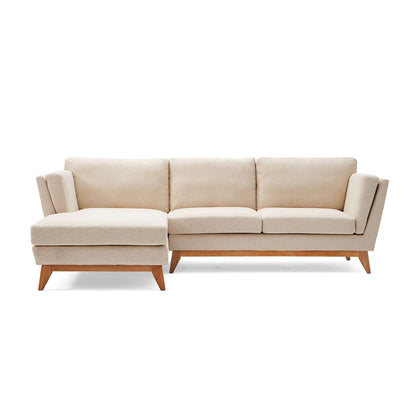 The ValMinimal Sectional is a cream-colored sofa with wooden legs and a left-facing chaise lounge, featuring a minimalist design with three back cushions and clean lines.