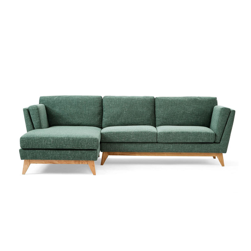 Introducing the ValMinimal Sectional, a contemporary green fabric L-shaped sofa featuring three seat cushions, elegant wooden legs, and armrests on either end. Set against a white background, its modern design truly stands out.