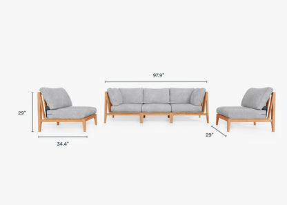 The Teak Outdoor Sofa with Armless Chairs - Five Seat set features a gray upholstered sofa measuring 97.9 inches in length, along with a left chair and right chair, each 34.4 inches wide. All pieces stand at a height of 29 inches.