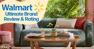 A stylish living room scene featuring a green couch with decorative pillows in red, white, and patterned designs. A round wooden coffee table holds a plant, books, a candle, and a drink. "Walmart Ultimate Brand Review & Rating" text is displayed at the top left.