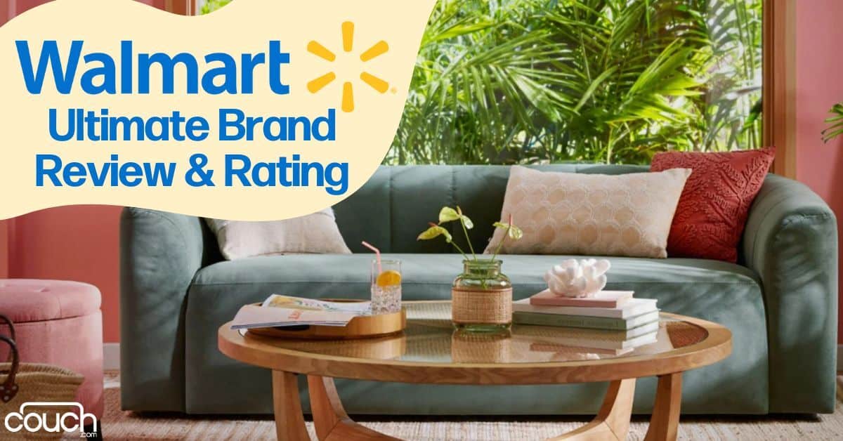 A cozy living room with a light blue sofa adorned with white and red pillows, a wooden coffee table with books and decor items, and large leafy plants in the background. A banner reads "Walmart Ultimate Brand Review & Rating" in bold letters.