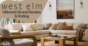 A cozy living room features a large beige sectional sofa adorned with assorted pillows and a throw blanket. A wooden coffee table sits in the center. The space is decorated with wall art and sconce lights. Text reads, "West Elm Ultimate Brand Review & Rating.