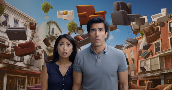 A concerned man and woman stand on a city street, looking up in shock as various types of furniture, including sofas, chairs, and tables, float in the air above them. The buildings around them seem unaffected by the chaos overhead.