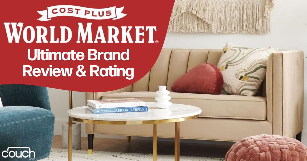 Image of a modern interior setting featuring a beige sofa with decorative pillows, a round glass coffee table with books and ornaments, and a pink pouf. A banner in the top left reads "COST PLUS WORLD MARKET Ultimate Brand Review & Rating" over a red background.
