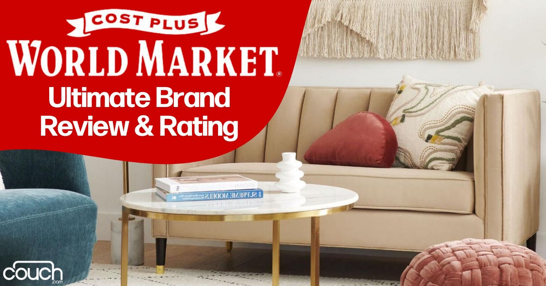 A living room scene with a beige couch, patterned pillows, and a round glass coffee table with books and a vase. The image has a red header with the text "Cost Plus World Market: Ultimate Brand Review & Rating.