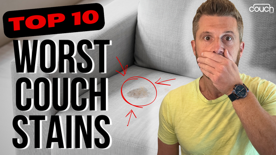 A man wearing a yellow shirt looks shocked while sitting on a light grey couch with a visible stain circled in red. Text on the left reads "TOP 10 WORST COUCH STAINS." The word "Couch" appears in the top right corner.